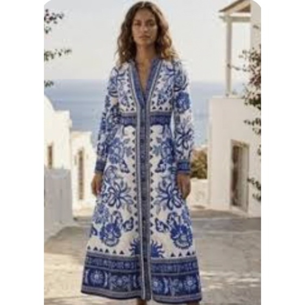 Caroline Constas Blue White Floral Geometric Print Midi Kimono Dress | Sze M NEW